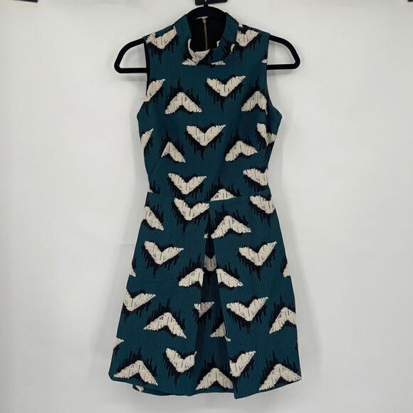 Hunter Bell Womens Teal Sleeveless Pleated Zip Geometric Fit Flare Mini Dress 2 - Picture 1 of 7